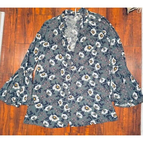 Free People Green Floral Flowy Boho Wings Long-Sleeves Tunic Top Mini Dress XS - Picture 2 of 10